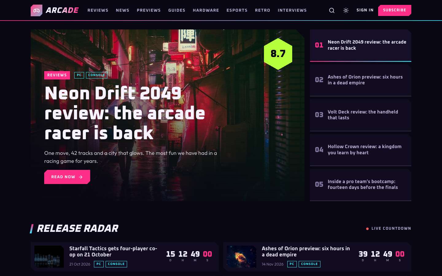 Arcade homepage
